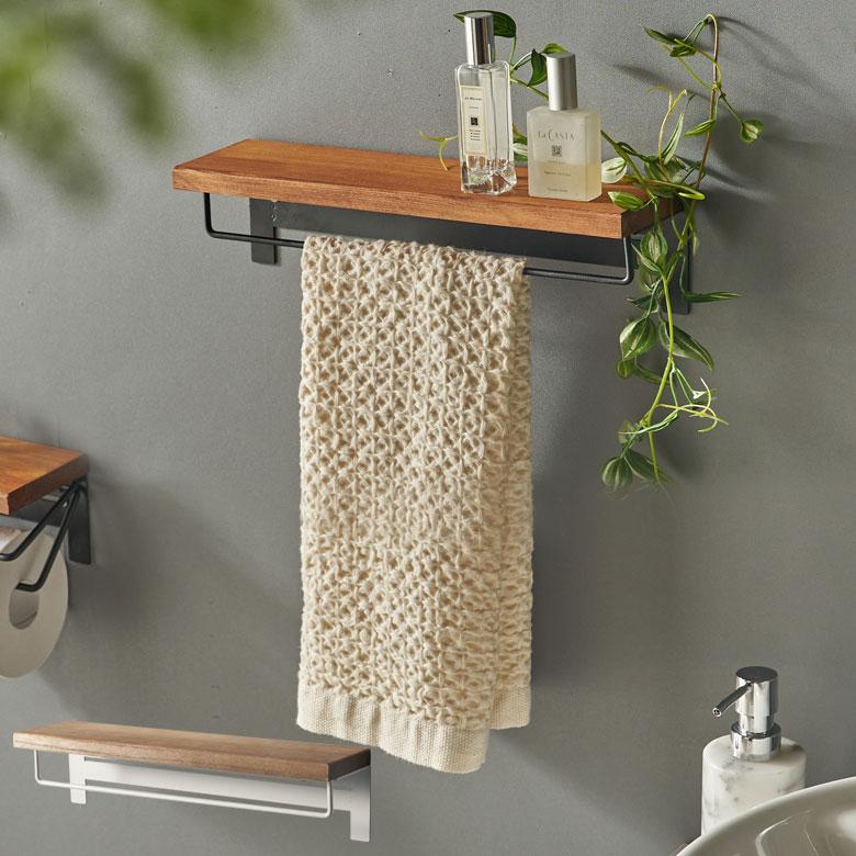 タオル ハンガー ラック ワイド 掛け 天然木 アイアン 棚付