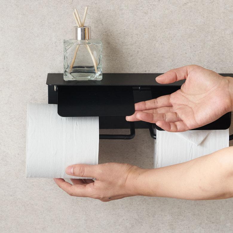 トイレット ペーパー ホルダー ダブル  2連 棚付 スチール 収納 DIY シンプル フタ カバー 付き おしゃれ 北欧 リゾート 雑貨 インテリア 西海岸 84304 | ELEMENTS（インテリア） | 18