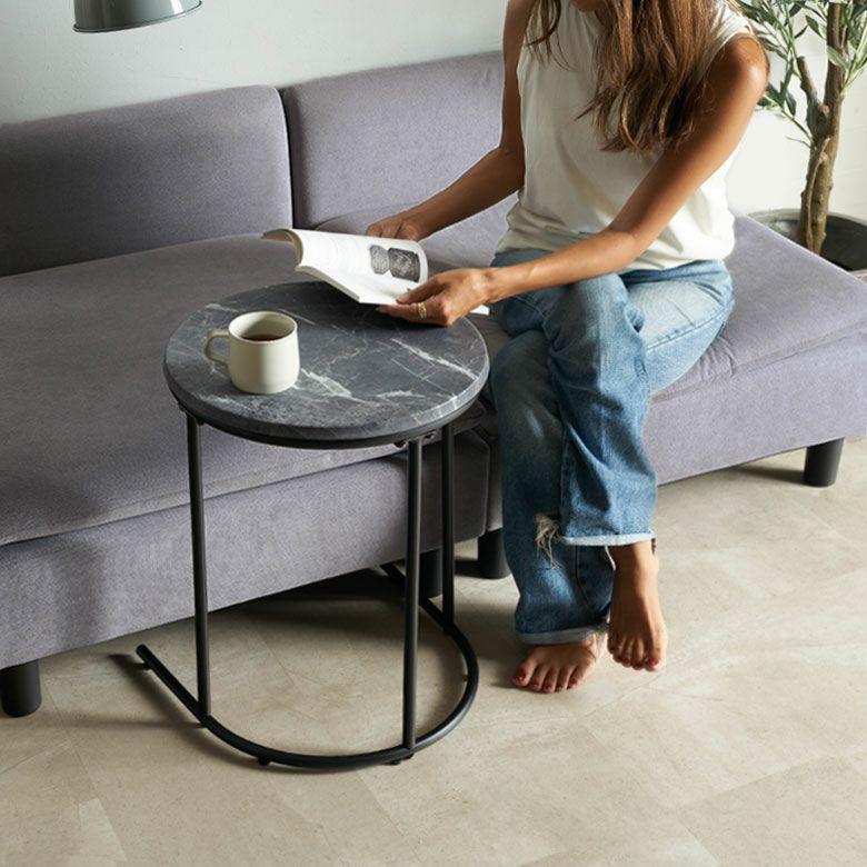 サイドテーブル 丸 差し込み テーブル ミニ ナイトテーブル ストーン調 木製 アートストーン HPL 大理石調 おしゃれ 北欧 リゾート インテリア 西海岸 84317 | ELEMENTS（インテリア） | 11