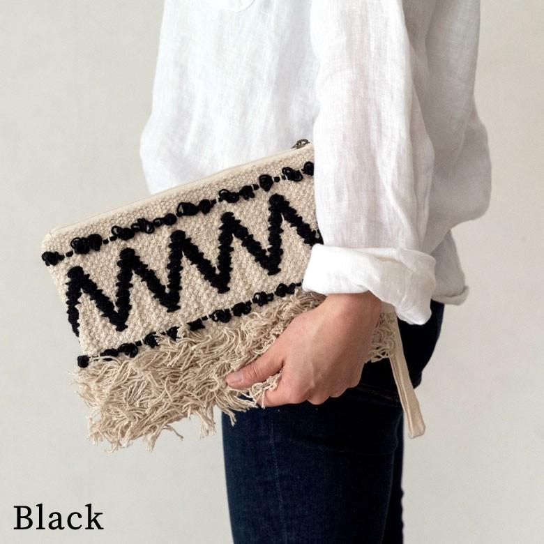 ポーチ クラッチバッグ ストラップ付き フリンジ コットン ホワイト ブラック BOHO ボーホースタイル おしゃれ 90026 | ブランド登録なし | 21