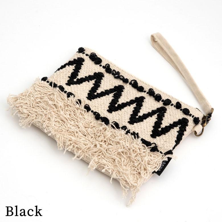 ポーチ クラッチバッグ ストラップ付き フリンジ コットン ホワイト ブラック BOHO ボーホースタイル おしゃれ 90026 | ブランド登録なし | 06