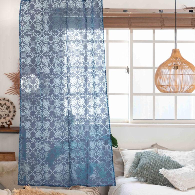 メール便対応 カーテン 幅105cm 丈178cm ブルー 柄 フラット オリエンタル 間仕切り 万華鏡 カレイドスコープ おしゃれ シック エレガント 寝室 リビング 90218 | ブランド登録なし | 01
