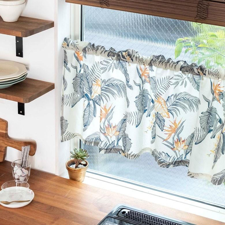 メール便対応 カフェカーテン のれん 幅110 丈45cm 綿100 カーテン 小窓用 オールドハワイアンボタニカル柄 ナチュラル おしゃれ ハワイアン 植物 Elements 通販 Yahoo ショッピング