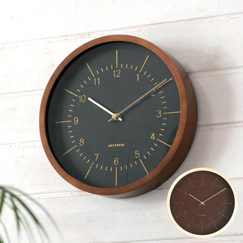 時計 壁掛け時計 丸型 直径25cm 木 合皮 ガラス 電波時計 ステップムーブメント ウッド ウッドフレーム おしゃれ レザー調 アンティーク調 クラシカル 90275 | INTERFORM