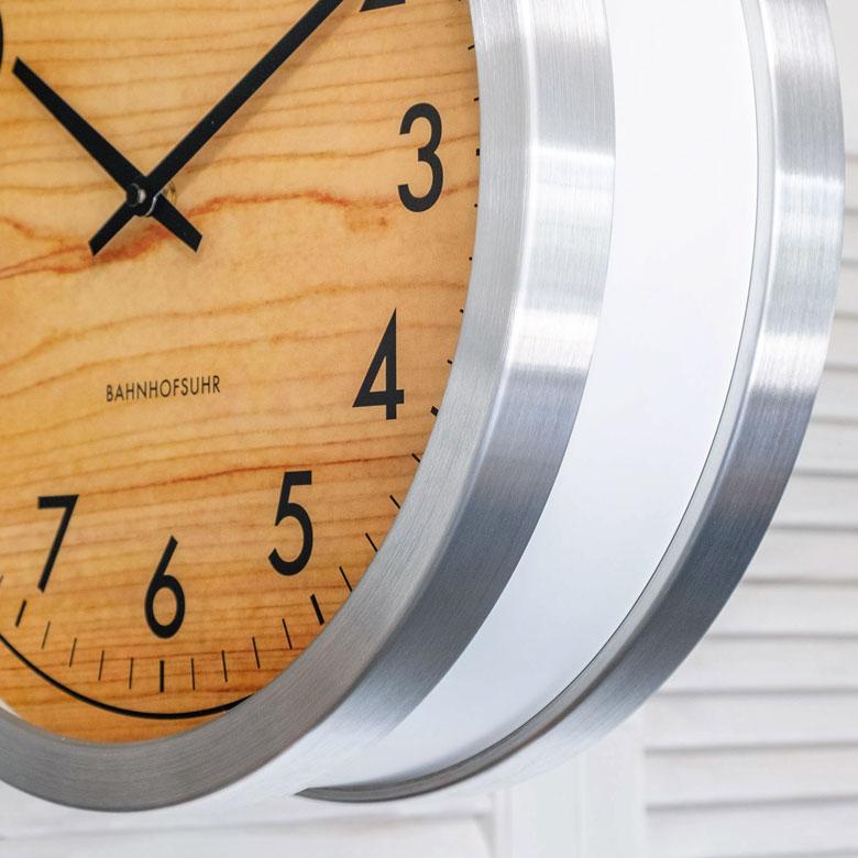 時計 壁掛け時計 丸型 直径38cm アルミ ガラス ダブルフェイス 両面 スイープムーブメント モノトーン シルバー ウッド調 おしゃれ 大きめ ２way 置時計 90277 | ブランド登録なし | 03