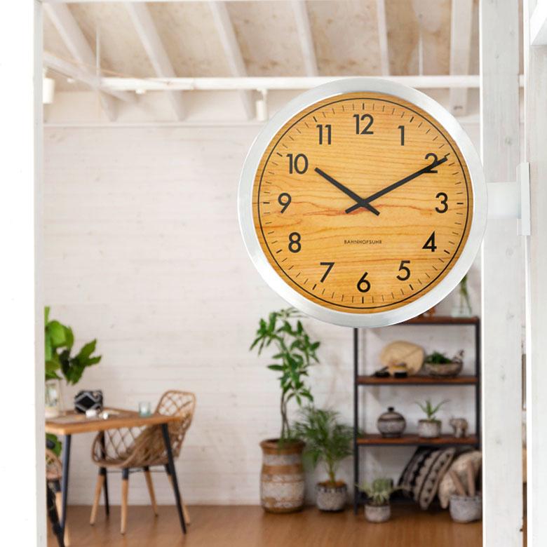 時計 壁掛け時計 丸型 直径38cm アルミ ガラス ダブルフェイス 両面 スイープムーブメント モノトーン シルバー ウッド調 おしゃれ 大きめ ２way 置時計 90277 | ブランド登録なし | 20