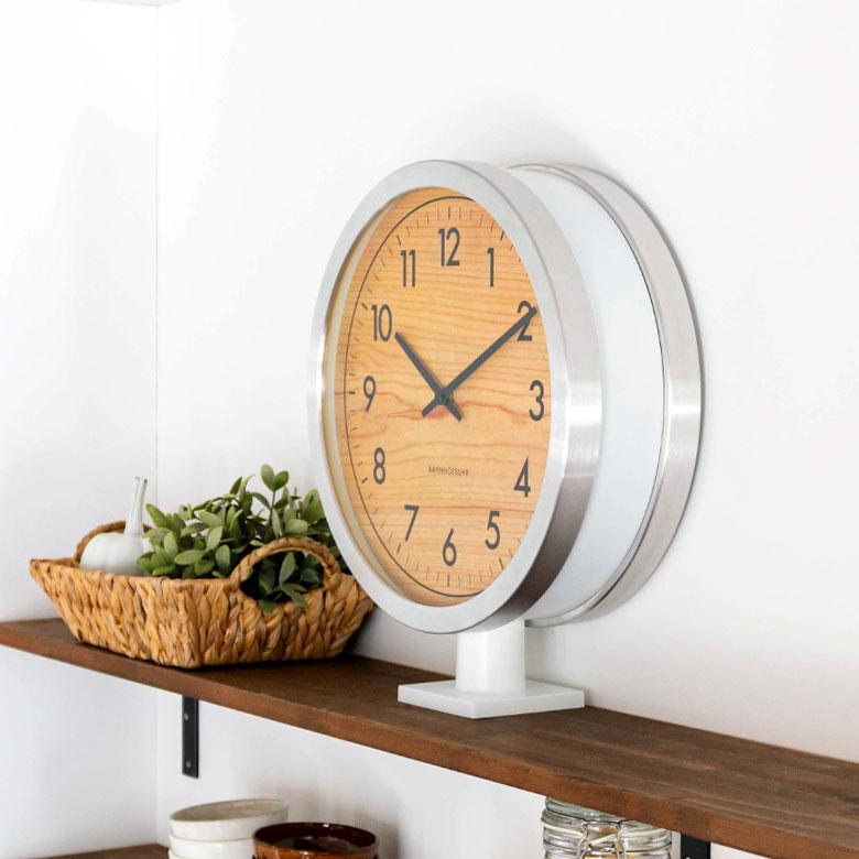 時計 壁掛け時計 丸型 直径38cm アルミ ガラス ダブルフェイス 両面 スイープムーブメント モノトーン シルバー ウッド調 おしゃれ 大きめ ２way 置時計 90277 | ブランド登録なし | 06