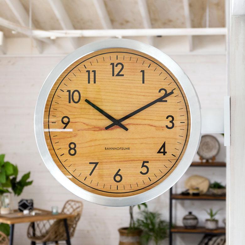 時計 壁掛け時計 丸型 直径38cm アルミ ガラス ダブルフェイス 両面 スイープムーブメント モノトーン シルバー ウッド調 おしゃれ 大きめ ２way 置時計 90277 | ブランド登録なし | 09