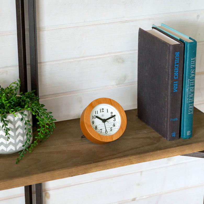 時計 置時計 丸型 直径10cm 木 ガラス ブルー ネイビー ホワイト スタンド付 目覚まし時計 スイープムーブメント ウッド おしゃれ フレーム ナチュラル 90278 | INTERFORM | 12