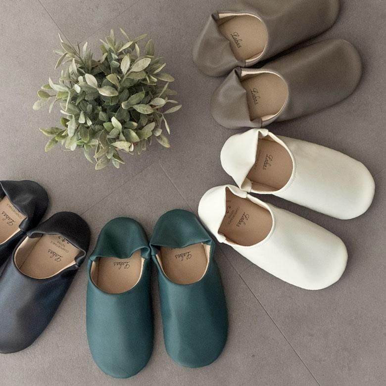 バブーシュ 無地 レディース ソフトレザー スリッパ ルームシューズ レザー調 合成皮革 2way おしゃれ シンプル グレイッシュカラー モノトーン 90289 | 現代百貨