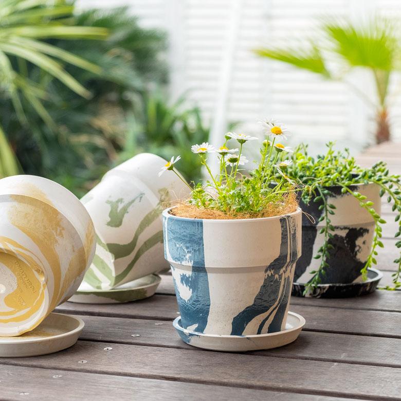 植木鉢 プランツポット 4号鉢 プラスチック マーブル模様 受け皿付き