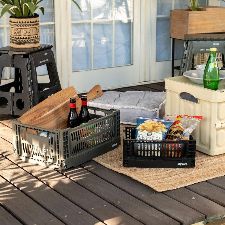 コンテナ ボックス 折り畳み 5L カゴ スタッキング フォールディング アウトドア タグクリップ おしゃれ 黒 アイボリー カーキ コンパクト 収納 小物入れ 90367 | ブランド登録なし | 18