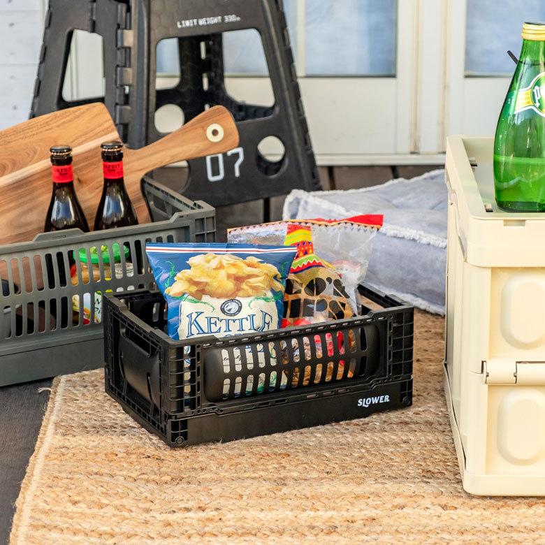 コンテナ ボックス 折り畳み 5L カゴ スタッキング フォールディング アウトドア タグクリップ おしゃれ 黒 アイボリー カーキ コンパクト 収納 小物入れ 90367 | ブランド登録なし | 02