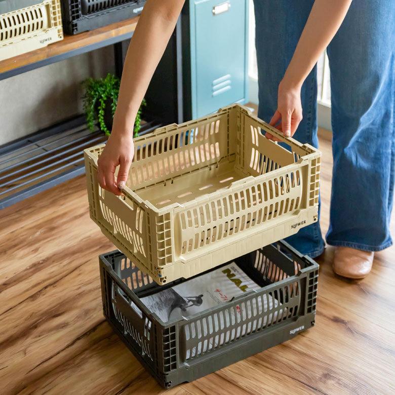 コンテナ ボックス 折り畳み 17L カゴ スタッキング フォールディング アウトドア タグクリップ おしゃれ 黒 アイボリー カーキ コンパクト 収納 小物入れ 90368 | ブランド登録なし | 12