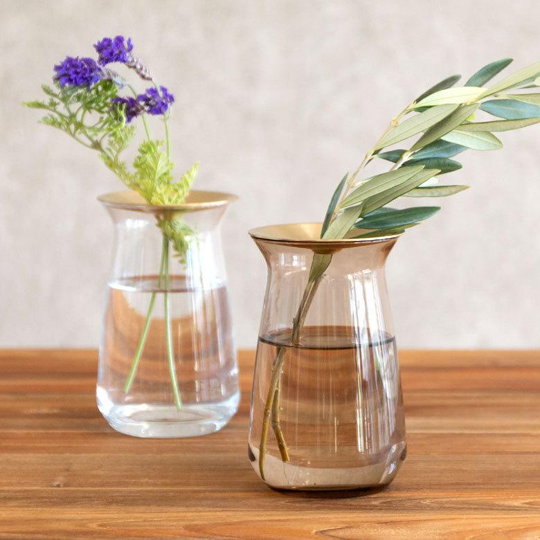 フラワーベース 一輪挿し ガラス 真鍮 クリア ブラウン 花瓶 360ml 水耕栽培 インテリア ブラウン おしゃれ