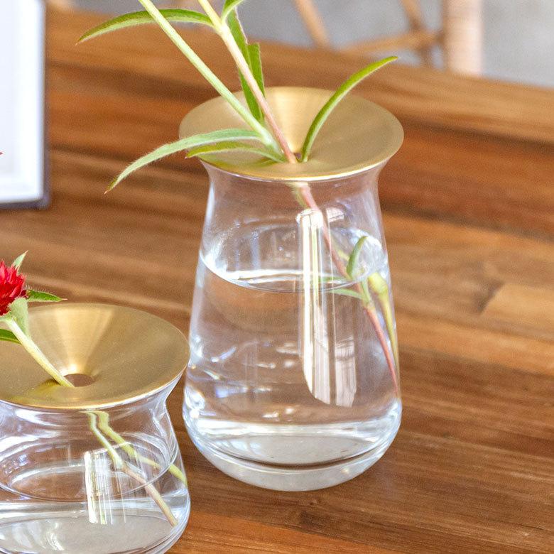 フラワーベース 一輪挿し ガラス 真鍮 クリア ブラウン 花瓶 360ml 水
