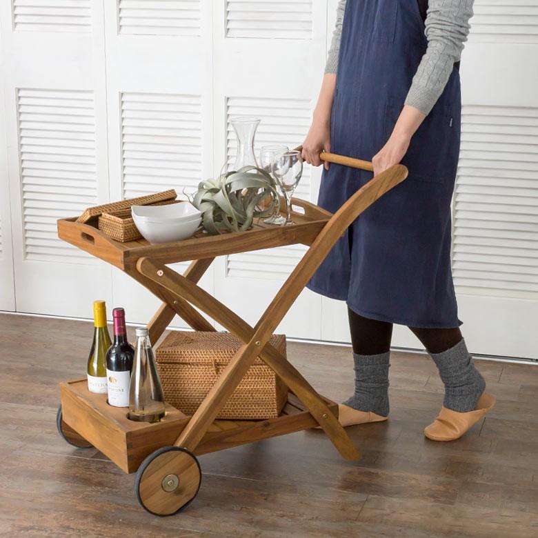 アカシア天然木 キッチンワゴン 組み立て式 アウトドア 野外 屋外