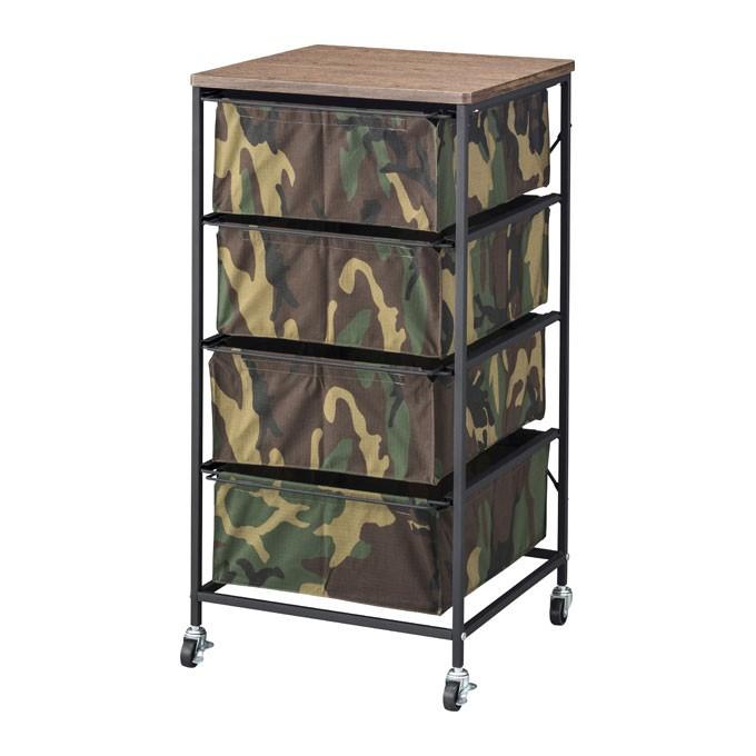 チェスト 迷彩柄 キャスター付き 収納 キャビネット 4段 スチール製 ワゴン 天板付き サイドチェスト サイドテーブル 91230 | ブランド登録なし