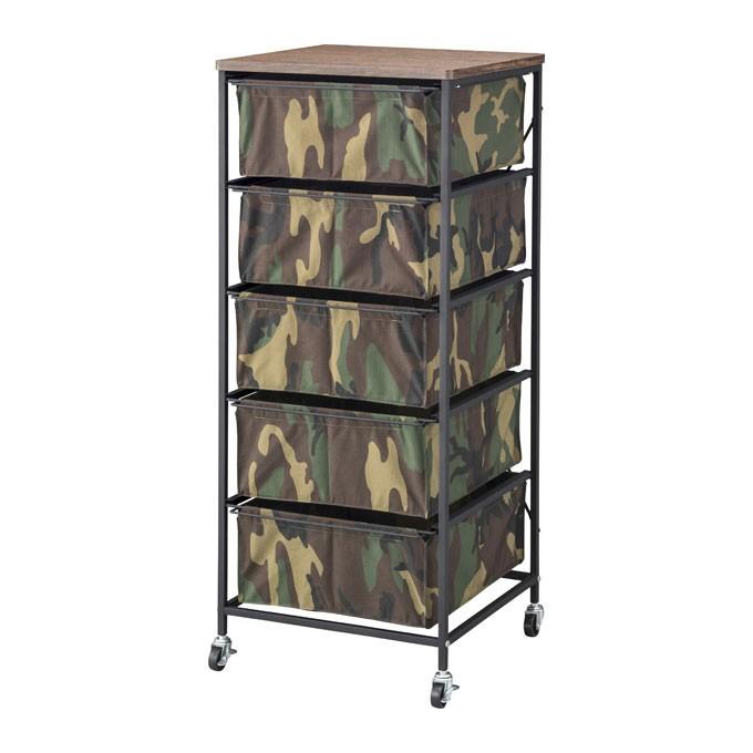チェスト 迷彩柄 キャスター付き 収納 キャビネット 5段 スチール製 ワゴン 天板付き サイドチェスト サイドテーブル 91231 | ブランド登録なし