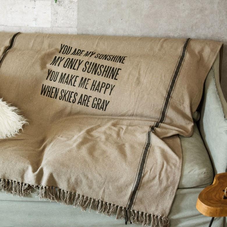 ブランケット コットン 約180×130cm 長方形 インド綿 タイポグラフィ 膝掛け ソファカバー 麻袋 大判 おしゃれ ヴィンテージ 肩掛 91345 | ブランド登録なし