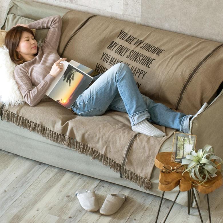 ブランケット コットン 約180×130cm 長方形 インド綿 タイポグラフィ 膝掛け ソファカバー 麻袋 大判 おしゃれ ヴィンテージ 肩掛 91345 | ブランド登録なし | 05