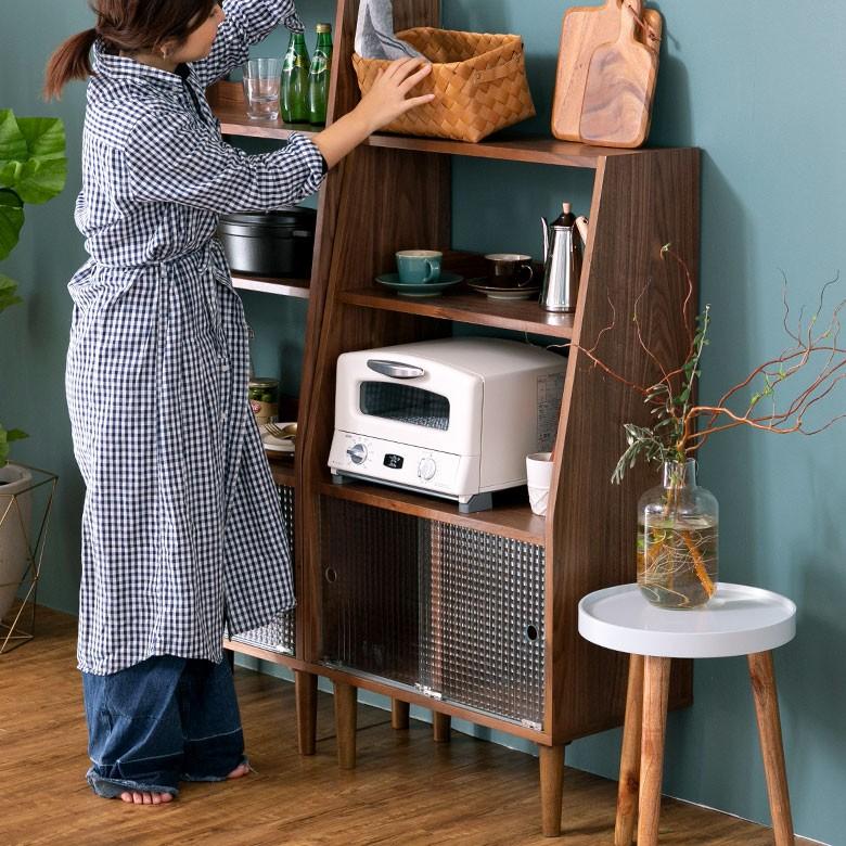 シェルフ 木製 ガラス扉 ２段 脚付き 収納棚 引き戸 高さ116cm 幅64cm 本棚 おしゃれ 天然木 91395 | ブランド登録なし | 02