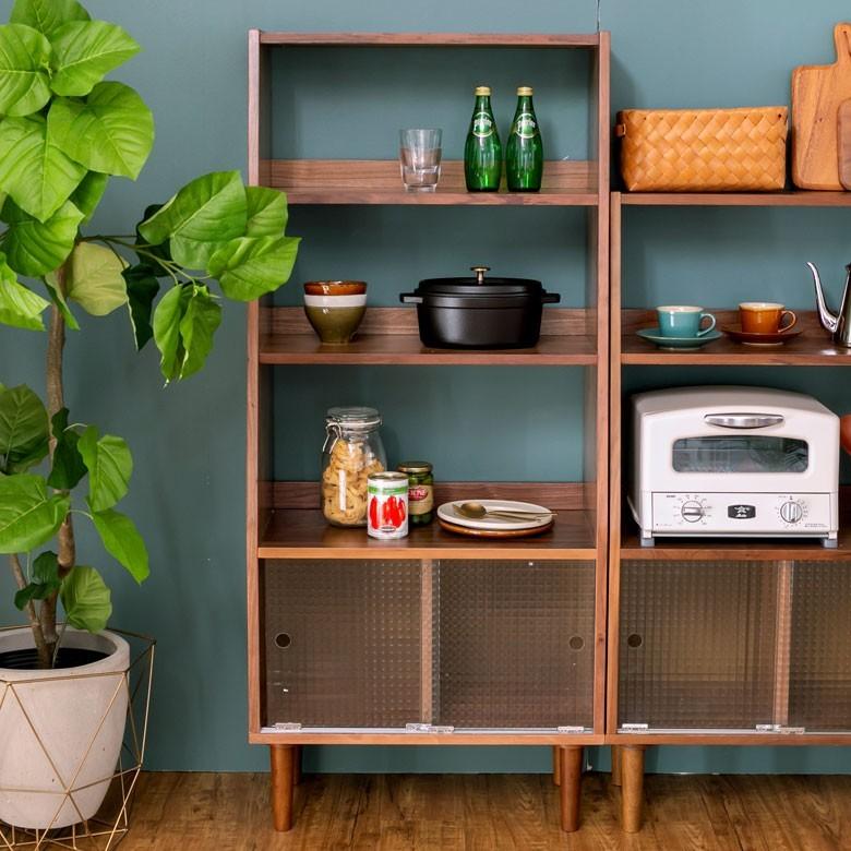 シェルフ 木製 ガラス扉 ３段 脚付き 収納棚 引き戸 高さ144cm 幅64cm 本棚 おしゃれ 天然木 91396 | ブランド登録なし