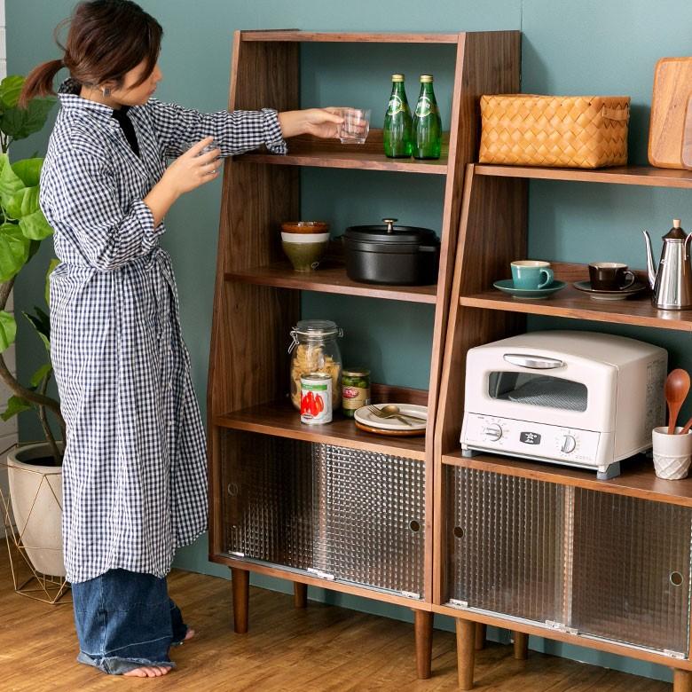 シェルフ 木製 ガラス扉 ３段 脚付き 収納棚 引き戸 高さ144cm 幅64cm 本棚 おしゃれ 天然木 91396 | ブランド登録なし | 02