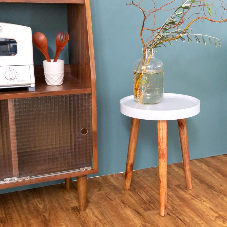 テーブル 円形 木製 直径35cm ホワイト トレー コーヒーテーブル サイドテーブル おしゃれ レトロ インテリア 天然木 91400 | ブランド登録なし | 02