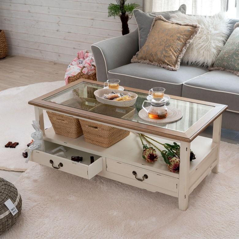 センターテーブル 引出し付き ガラス天板 アンティーク調 パイン材