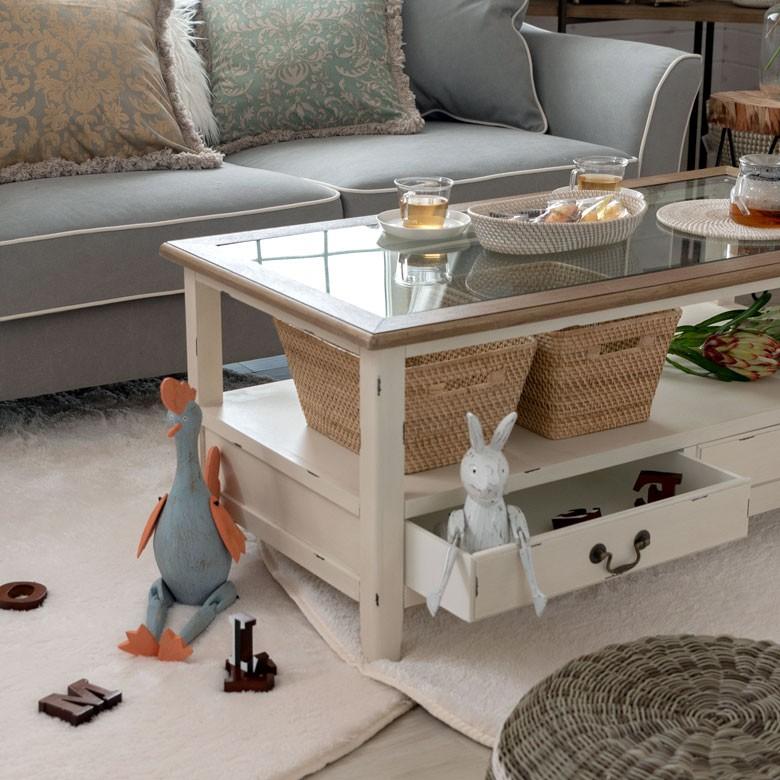 センターテーブル 引出し付き ガラス天板 アンティーク調 パイン材