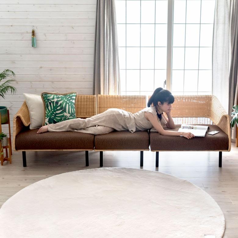 ソファ ソファー ローソファー 1人掛け 連結で2人掛け3人掛け 2WAY 夏 ラタン アジアン ブラウン 脚付き 脚取り外し可 91420 | ブランド登録なし | 14