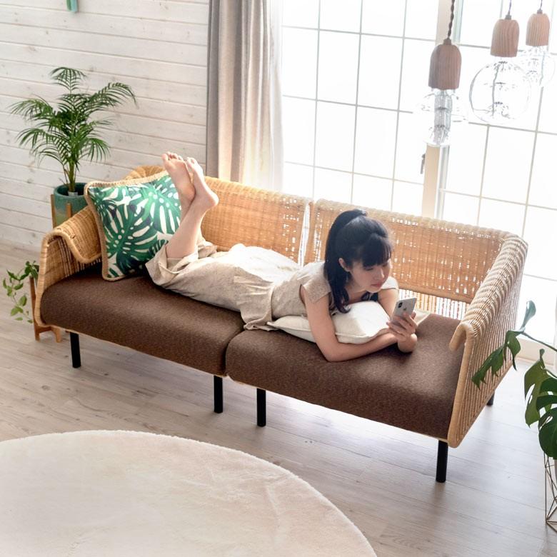 ソファ ソファー ローソファー L字型 1人掛け 連結で2人掛け3人掛け 2WAY 夏 ラタン アジアン ブラウン 脚付き 脚取り外し可 91422 | ブランド登録なし | 15