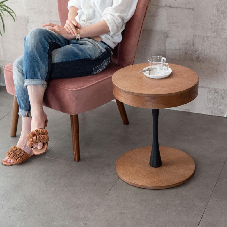 サイドテーブル ラウンドテーブル 木製 収納付き 直径40cm 高さ49cm オーク シンプル モダン ナチュラル ブラック おしゃれ 91436 | ブランド登録なし | 01