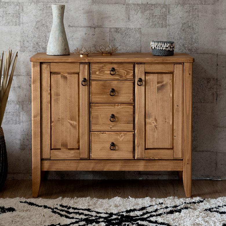 サイドボード 木製 引出し付き リビングボード 収納 天然木 ウッド パイン 引出し４杯 稼働棚 ナチュラル カントリー アンティーク調 リビング 91475 | ブランド登録なし | 17