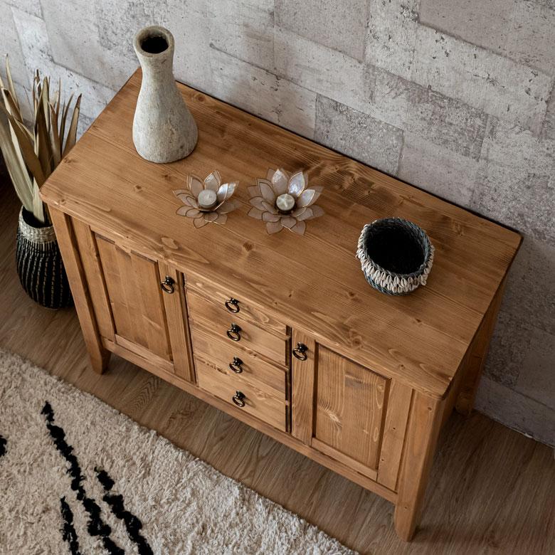 サイドボード 木製 引出し付き リビングボード 収納 天然木 ウッド パイン 引出し４杯 稼働棚 ナチュラル カントリー アンティーク調 リビング 91475 | ブランド登録なし | 05