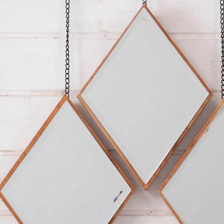 ミラー 鏡 ひし形 木 飛散防止 ３個セット ダイヤ 天然木 ミンディ チェーン付き 飛散防止ミラー 壁掛け 吊り下げ ３パーツ ３連 アンティーク調 91488 | ブランド登録なし | 10