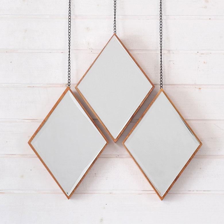 ミラー 鏡 ひし形 木 飛散防止 ３個セット ダイヤ 天然木 ミンディ チェーン付き 飛散防止ミラー 壁掛け 吊り下げ ３パーツ ３連 アンティーク調 91488 | ブランド登録なし | 14