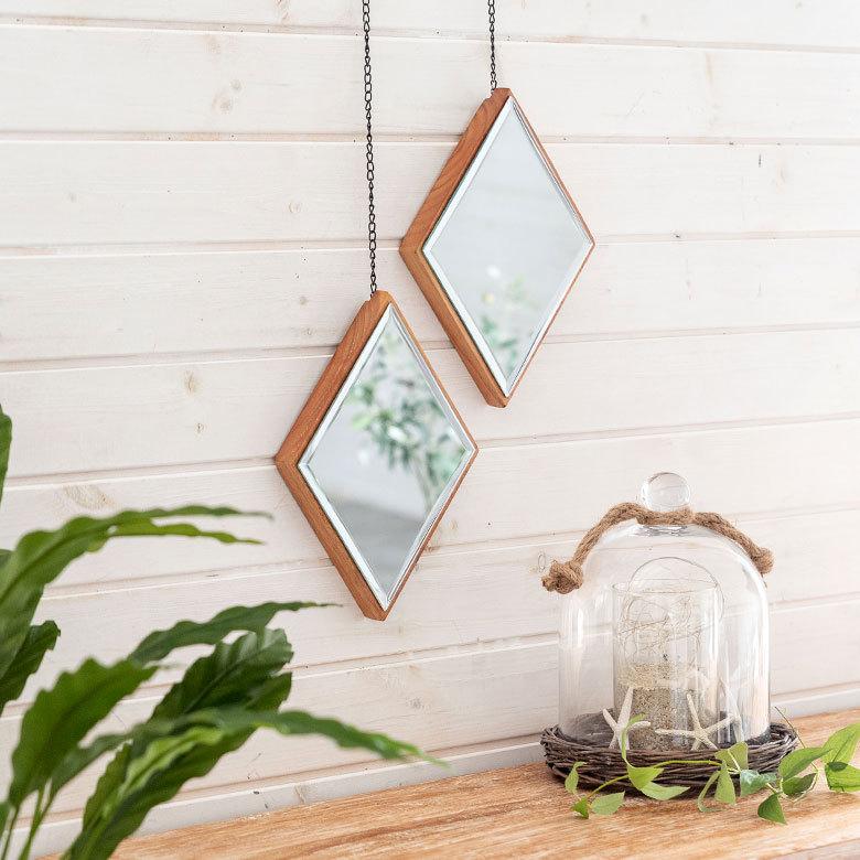 ミラー 鏡 ひし形 木 飛散防止 ３個セット ダイヤ 天然木 ミンディ チェーン付き 飛散防止ミラー 壁掛け 吊り下げ ３パーツ ３連 アンティーク調 91488 | ブランド登録なし | 02