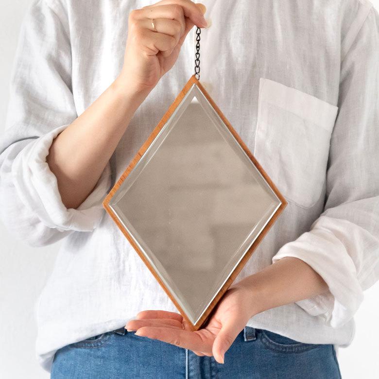 ミラー 鏡 ひし形 木 飛散防止 ３個セット ダイヤ 天然木 ミンディ チェーン付き 飛散防止ミラー 壁掛け 吊り下げ ３パーツ ３連 アンティーク調 91488 | ブランド登録なし | 03