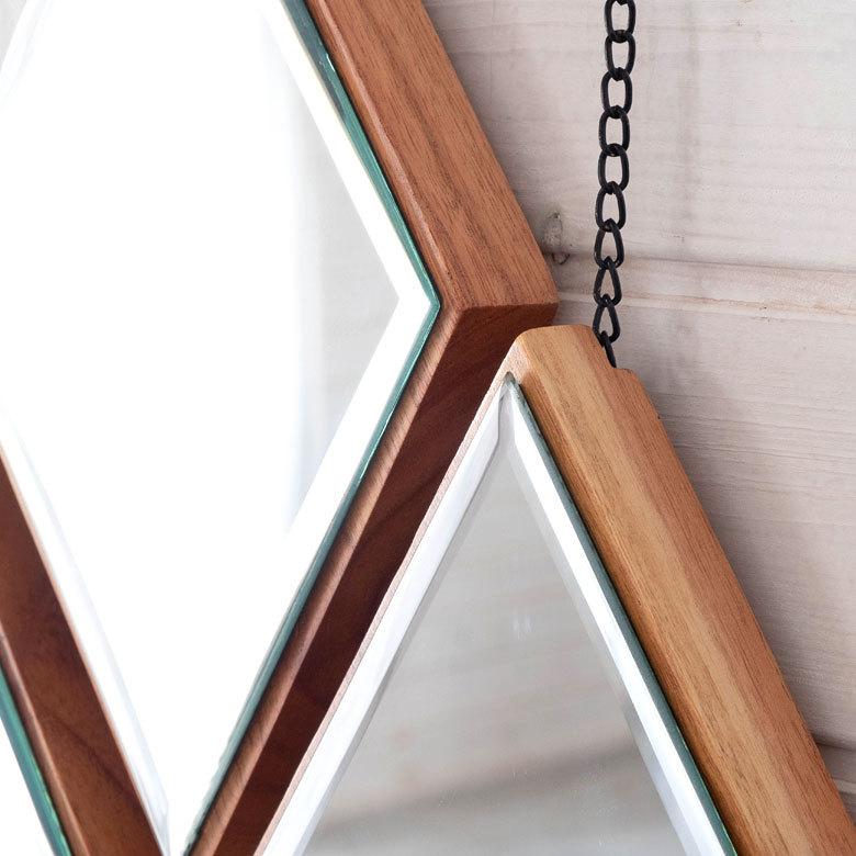 ミラー 鏡 ひし形 木 飛散防止 ３個セット ダイヤ 天然木 ミンディ チェーン付き 飛散防止ミラー 壁掛け 吊り下げ ３パーツ ３連 アンティーク調 91488 | ブランド登録なし | 04