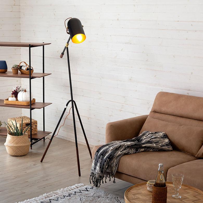 フロア ライト スタンド 高さ 角度 調節 電球 ブラック ゴールド ランプ E26 60W エジソン球 スポット 直径15cm 筒形シェード おしゃれ ホテル リゾート 91499 | 東谷 | 19
