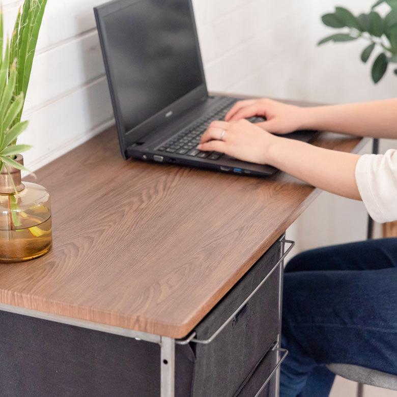 デスク 机 スチール 引き出し付き W 100 × D 45 木目 ブラック ワークデスク ファブリック コンパクト 省スペース 奥行き浅め 91501 | ブランド登録なし | 02
