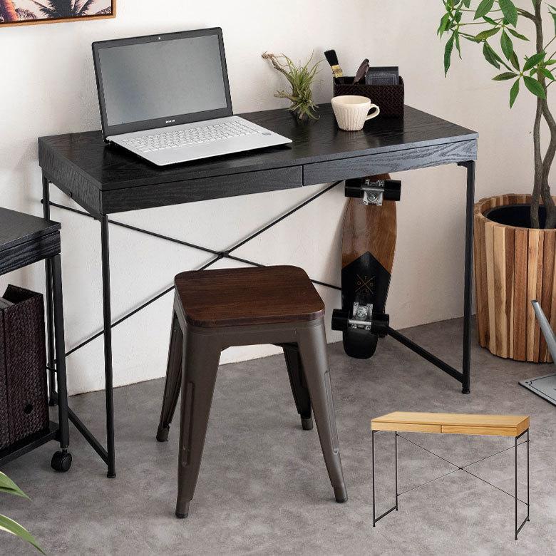 デスク パソコンデスク スチール 木製 W 100 × D 45 × H 73 cm ブラック ナチュラル 引出し付き モノトーン リモートワーク 91507 | ブランド登録なし