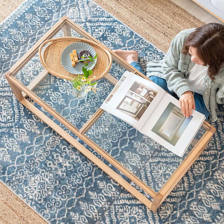 センター テーブル 木製 ガラス 長方形 W 110 × D 50 cm ロー コーヒー 強化 天然木 ウッドフレーム おしゃれ シンプル ブラック ナチュラル 91519 | 東谷 | 04