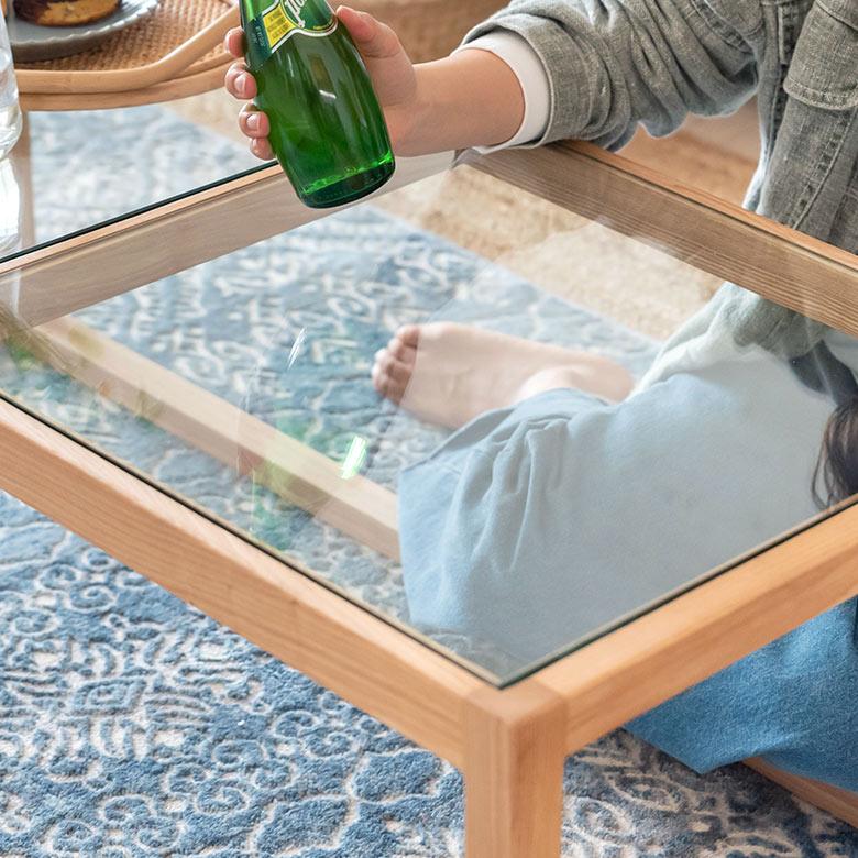 センター テーブル 木製 ガラス 長方形 W 110 × D 50 cm ロー コーヒー 強化 天然木 ウッドフレーム おしゃれ シンプル ブラック ナチュラル 91519 | 東谷 | 05