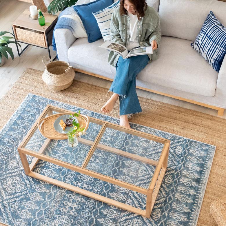 センター テーブル 木製 ガラス 長方形 W 110 × D 50 cm ロー コーヒー 強化 天然木 ウッドフレーム おしゃれ シンプル ブラック ナチュラル 91519 | 東谷 | 10