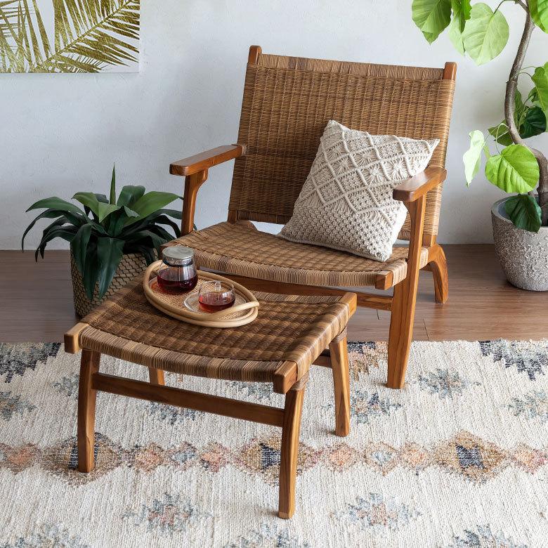 チェア 1人掛け 1P アーム 肘掛 オットマン 付き いす 椅子 イス 天然木 チーク 耐水 汚れに強い 北欧 リゾート おしゃれ ナチュラル 家具 西海岸 91530 | 東谷 | 17