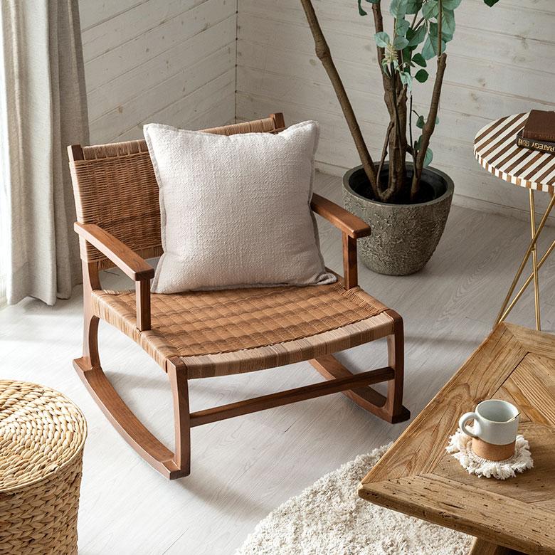 ロッキング チェア 椅子 ラタン調 チーク 材 屋内 室内 イス chair 家具 リビング インテリア 天然木 ロー 北欧 カントリー おしゃれ リラックス 西海岸 91552 | 東谷 | 01