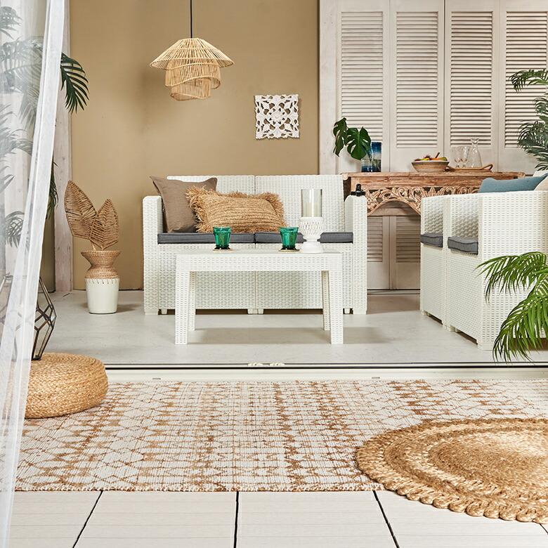 ガーデン リビング 4点セット テーブル ソファ ラタン調 ひじ掛け リゾート感 ベランダ テラス 庭 屋外 バルコニー アウトドア 家具 西海岸 91565 | ブランド登録なし | 07